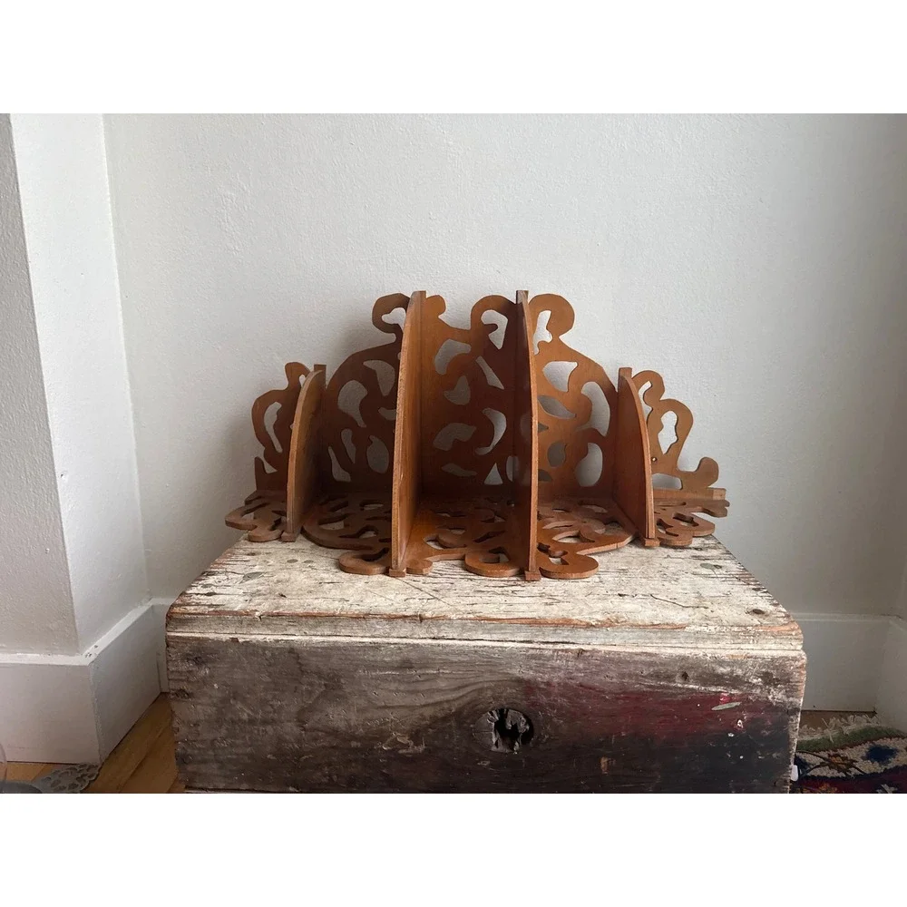 Vintage Handmade Wooden Corner Shelf Fretwork Scrollwork Wall Hanging 4 Tier